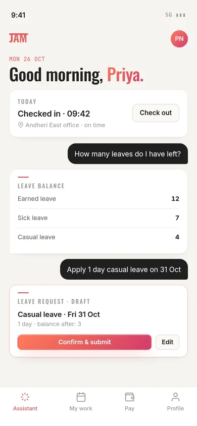 JAM app assistant: leave balance and a casual leave draft with Confirm and submit.