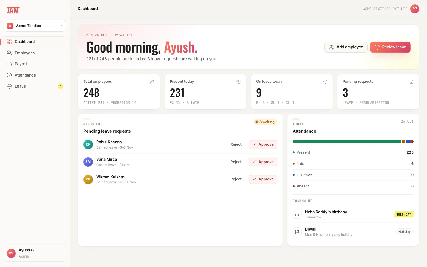 JAM web app dashboard: attendance today, pending leave requests, upcoming holidays.