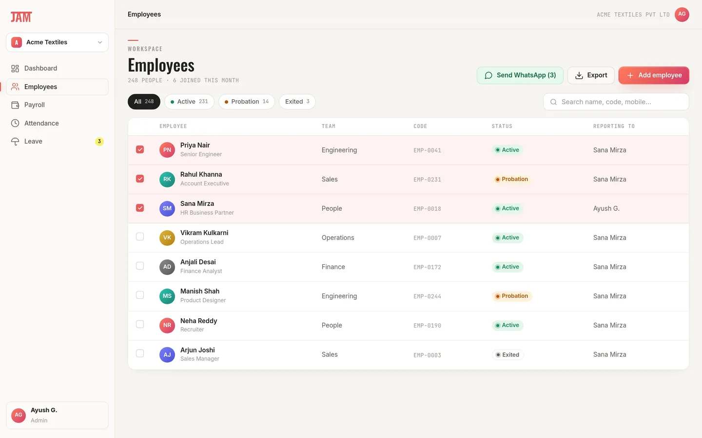 Employees list with statuses, teams and a Send WhatsApp action for selected people.